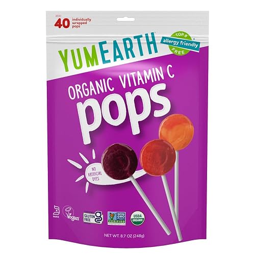 YumEarth Organic Vitamin C Pops Variety Pack, 40 Fruit Flavored Favorites Lollipops, Allergy Friendly, Gluten Free, Non-GMO, Vegan, No Artificial Dyes