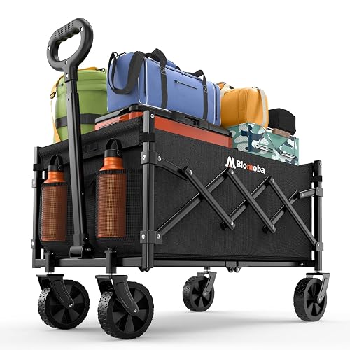 Blomoba Folding Wagon Cart with Wheels, 220lbs Utility Wagon Cart, Black | Collapsible Wagon with 360° All-Terrain Wheels & Adjustable Handle, Foldable Cart for Groceries Camping Sports Gardening