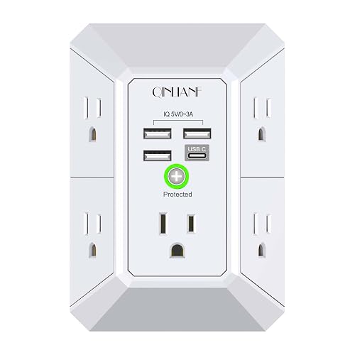 Wall Charger, Surge Protector, QINLIANF 5 Outlet Extender with 4 USB Ports | 1680 Joules, 3-Sided Power Strip, Multi Plug Wall Outlet Adapter Spaced for Home Travel Office, White