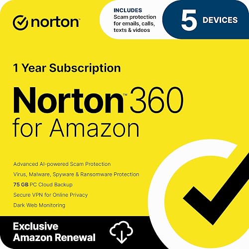 Norton 360 for Amazon Antivirus, 5 Devices, Auto-Renews [Subscription] | Includes Scam Protection Pro, VPN & Dark Web Monitoring & PC Cloud Backup; Activation Required