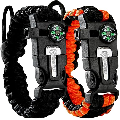 Atomic Bear Paracord Bracelet 2 Pack Adjustable, Fire Starter, Loud Whistle | Hiking gear accessories essentials, camping, hunting, Black and Orange, compass hiking survival, military 550 paracord rope