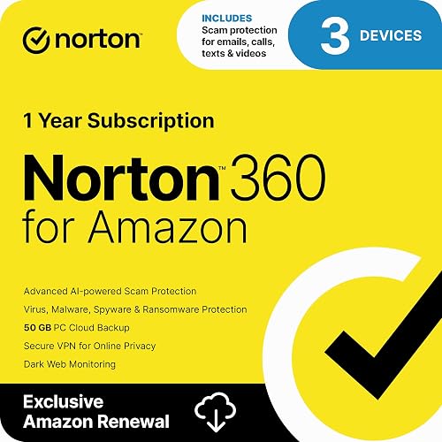 Norton 360 for Amazon Antivirus, 3 Devices, Auto-Renews [Subscription] | Includes Scam Protection Pro, VPN & Dark Web Monitoring & PC Cloud Backup; Activation Required
