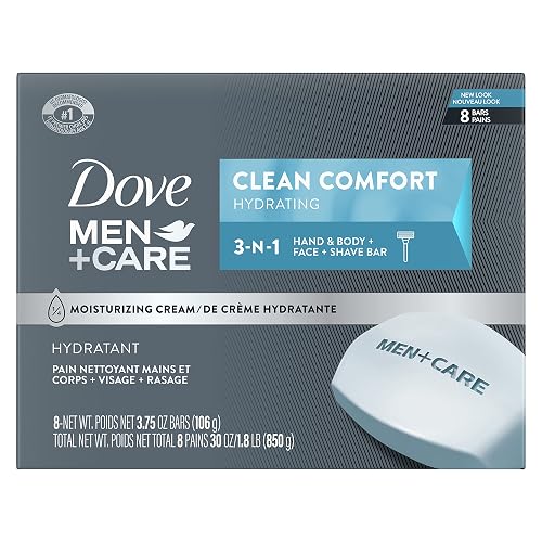 DOVE MEN + CARE Body and Face Bar, Clean Comfort Hydrating, 8 Bars, 3.75 oz | More Moisturizing Than Regular Bar Soap, 1/4 Moisturizing Cream, Cleanses Without Dryness, For Body and Face