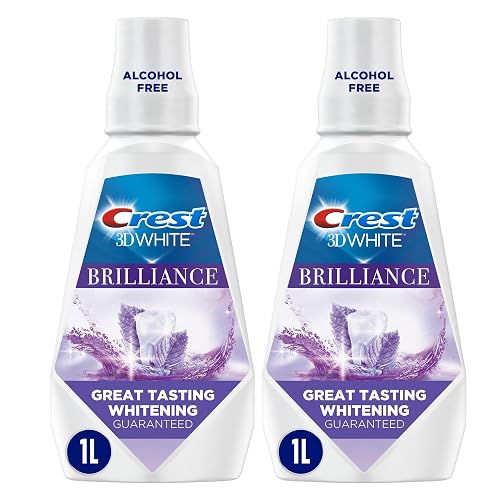 Crest 3DWhite Brilliance Alcohol Free Whitening Mouthwash, Value Twin Pack, 2 x 1L (33.8 fl oz) Bottles, Whiter Teeth in 7 Days, Freshens Breath, Peroxide Free, Clean Mint Flavor