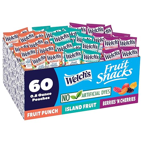 Welch's Fruit Snacks Variety Pack, Kids Snacks, 0.8 oz, 60 Ct | Fruit Punch, Island Fruits & Berries 'N Cherries flavors, whole fruit, gluten free, 25% DV Vitamins A/C/E, for school lunches