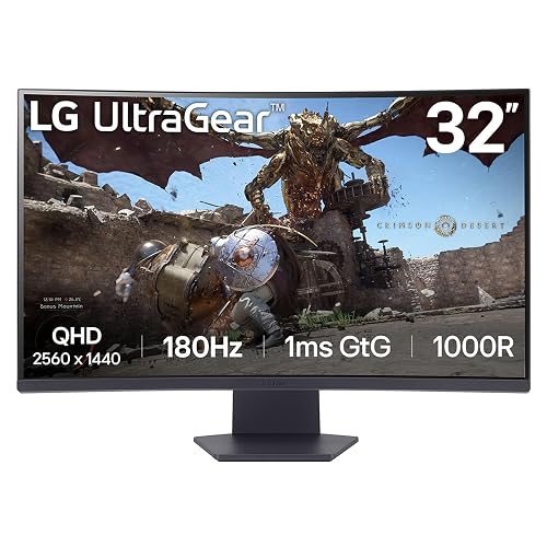 LG 32GS60QC-B Ultragear 32-inch Curved Gaming Monitor QHD (2560x1440) 180Hz 1ms 1000R AMD FreeSync HDR10 HDMIx2 DisplayPort Borderless Design Black Stabilizer DAS Crosshair FPS Counter - Black