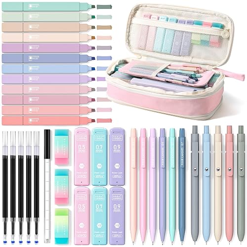Four Candies School Supplies with Cute Pencil Case, 39ct, Pink | Stationery Set, Essentials for College & Nursing Students, 5 Black Ink Gel Pens, 6 Mechanical Pencils, 12 Pastel Highlighters