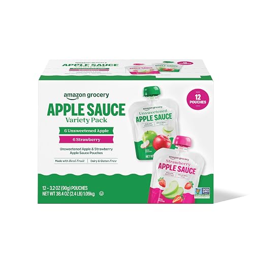 Amazon Grocery, Apple Sauce Pouches, Variety Pack of Unsweetened Apple and Strawberry, 3.2 Oz,12ct
