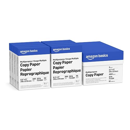 Amazon Basics Multipurpose Copy Printer Paper, 20 lb, 8.5 x 11 Inches, 8 Reams (4,000 Sheets), 92 Bright White, Great for Crisp Ink Printing