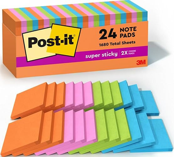 Post-it Super Sticky Notes, 3 x 3 in., Neon Fizz, 24 Pads | School Supplies and Oﬃce Supplies, 2X the Sticking Power, Colors May Vary