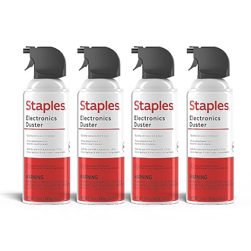 Staples Compressed Air Dusters, 10 oz. Cans, Electronics & Office, 4-Pack | Blasts dust from keyboards, laptops, vents and hard-to-reach gear. 4 cans per pack.