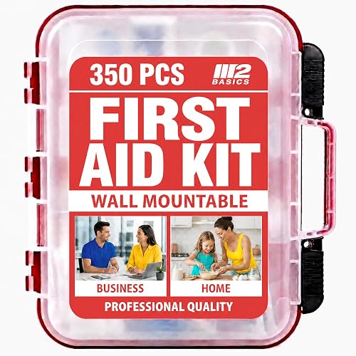 M2 BASICS 350 Piece Professional Wall-Mount First Aid Kit, Business, Home | Dual-Layer Hard Case, Office, Warehouse, Jobsite, Garage, Vehicle, Workplace Safety, Classroom And Emergency Readiness