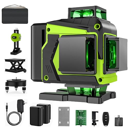 16 Line Laser Level 360 Self Leveling,4D 4x360° Green lazer Leveler Tool | Cross Line Self Leveling Laser with 2×2400mAh Batteries,for Construction and Picture Hanging,Magnetic Bracket & Remote