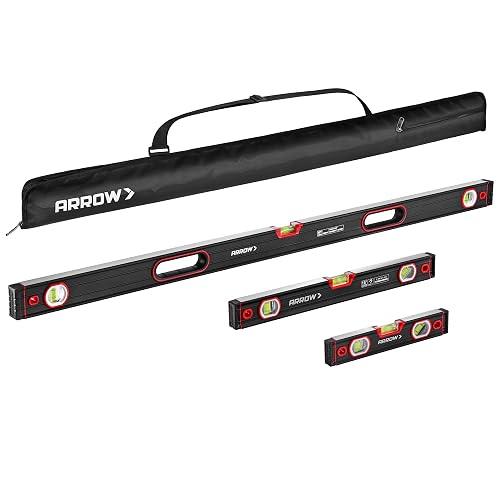 ARROW 3-Piece Spirit Level Set Included 9"/16"/48" Level with Carrying Bag | Aluminum Alloy Leveler with 45°/90°/180° Bubbles, Precision-Machined Base & Shockproof End Caps for Construction, Carpentry