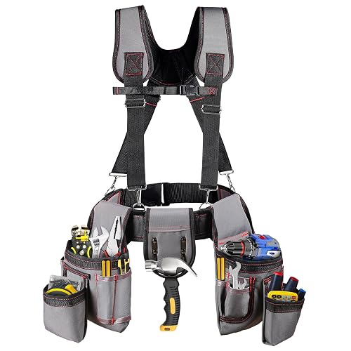 Tool Belt with Suspenders, Professional Tool Belt for Men, 18-Pocket | Adjustable Heavy Duty Tool Organizer for Electrician, Carpenter, Framer, Construction Worker, Gray & Orange (32''–66'')