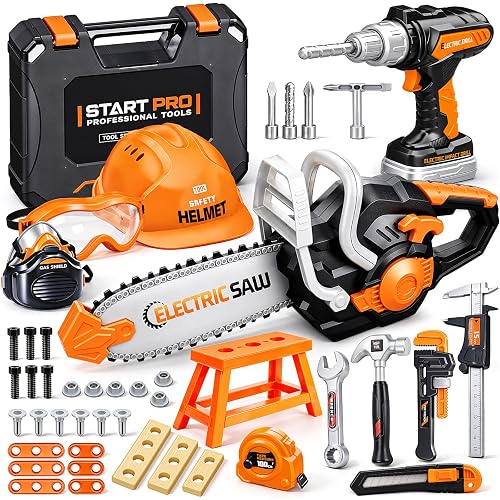 Toddler Tool Set, Kids Tool Box with Toy Chainsaw, Kids Toys for Boys 3-5 | 48 Pcs Construction Tools Kit with Electronic Toy Drill, Christmas Birthday Gifts for Boys Girls Ages 3 4 5 6 7 8, Orange