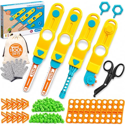 Cardboard Tools for Kids, Safe Cutter STEM Construction Kit for Ages 5 6 7 | Kids Building Set with Safe Serrated Cutter, Crease Roller, Screws & Nuts, Creative Educational Toys, DIY Gift for Boys Girls