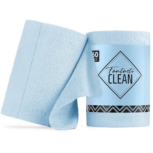 Fantasticlean Microfiber Cleaning Cloth Roll, 60 Pack, 8" x 8", Baby Blue | Tear Away Detailing Towel Roll, Reusable Paper Towels, Dust Removal, Car, Pet, Office, Kitchen, Compact，Portable