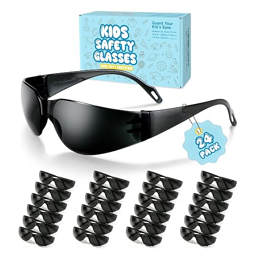 bysaficia 24 Pack Kids Safety Glasses, ANSI Z87.1 Impact Resistant Safety Goggles for Boys Girls, Tinted Lens with UV Protection, Child Protective Eyewear for School Science Lab, Nerf Party & DIY