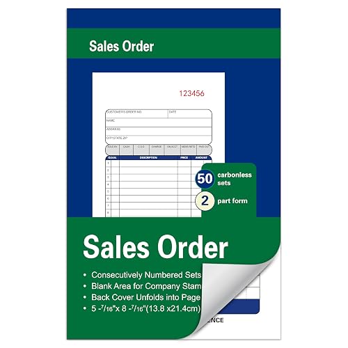 Large Sales Order Book,2-Part Carbonless,5-7/16 x 8-7/16Inches,50 Sets/Book | White/Canary/Pink,2-Part Duplicate Sales Order Forms & Receipts,for Work Orders,Service Reports,Business Invoices & Records