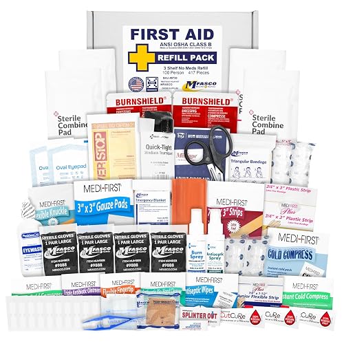 MFASCO First Aid Kit Refill Pack Workplace ANSI/OSHA 2021 Class B 417 Piece | Refill pack fills large 3 Shelf Industrial Cabinets - Single Use Packets - Reliable Adhesive Bandages & Gauze for Refills
