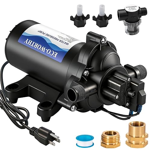 ECO-WORTHY 33-Series Industrial Water Pressure Pump 110V AC 4.0GPM 50PSI RV Fresh Water Diaphragm Pump include Garden Hose Adapters for Irrigation Marine Boat Sprinkler Faucet