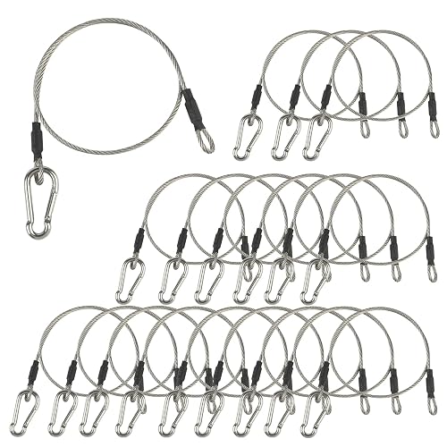 LAICCUM 1/8" Stage Light Cables 20 Pack, 2ft Safety Cables with Carabiner Lock for DJ Light Equipments, Stainless Steel Wire Ropes, 120lb Load Capacity
