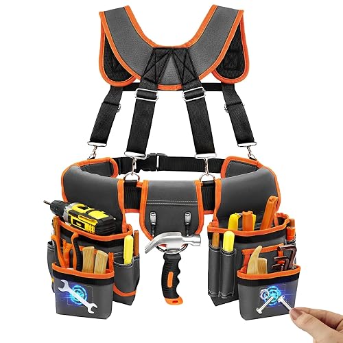 Tool Belt with Suspenders for Men, Professional Heavy Duty Tool Pouch | Magnetic tool belt with detachable adjustable design, ideal for electricians and carpenters, fits 32”-66" waist