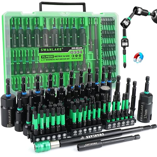 74-Piece Magnetic Nut Driver Set for Impact Drill Metric & SAE, Impact Socket Adapter, Power Bits with Magnetic Holder, Wing Nut Driver, Universal Socket, 1/4'' Quick-change Bit Extension