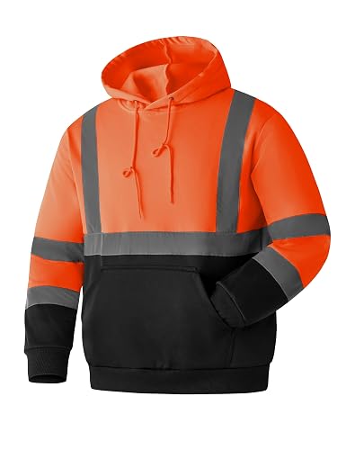 Ubon Hi Vis Hoodie for Men, Reflective Safety Pullover Sweatshirt | High Visibility Workwear with 2-Inch Striping, Kangaroo Pocket, Elastic Cuffs, Black Bottom for Construction Crews