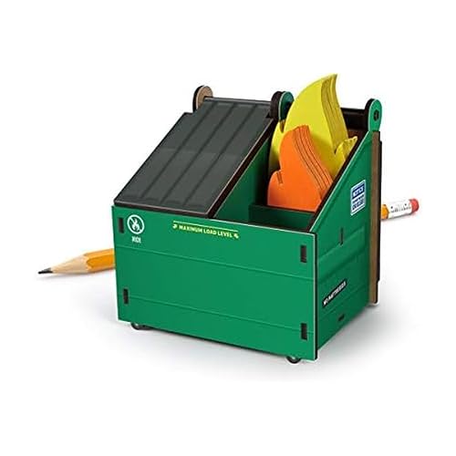 Genuine Fred The Original DESK DUMPSTER Pencil Holder with Flame Note Cards | 100+ flame note cards, 3 compartments, sturdy MDF, flat-pack design, no-tool pop-together assembly