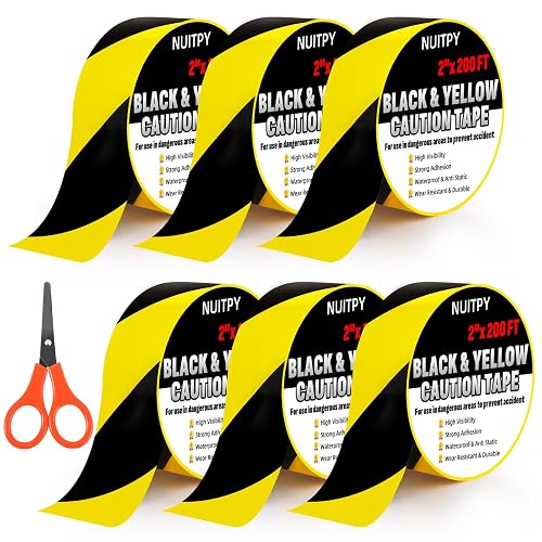 6 Roll Black & Yellow Caution Tape, 2in x 1200 FT Total Length Safety Tape | Black & Yellow Floor Marking Tapes, High Adhesive Hazard Tapes for Floors, Walls, Staircase, Equipment, Dangerous Area