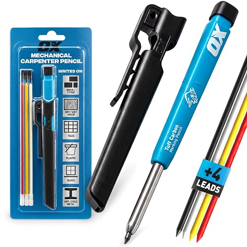OX 2.8mm Mechanical Carpenter Pencils with 4 Leads & Sharpener | Heavy Duty Construction Pencil, Carpentry Marking Pencil for Woodworking, Site Holster, Red, White, Yellow, & Graphite Leads