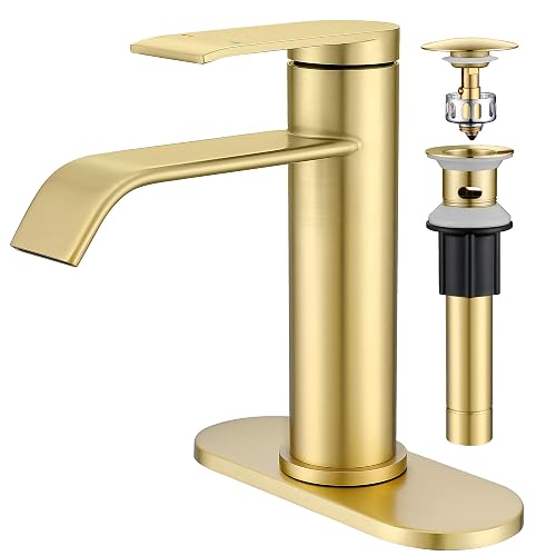 GAGALIFE Bathroom Faucet 1 Hole with Metal Pop-up Drain - Brushed Gold | Single Handle Bathroom Sink Faucet with Supply Lines and Deck, Modern Waterfall Bathroom Faucets, G-7001BG