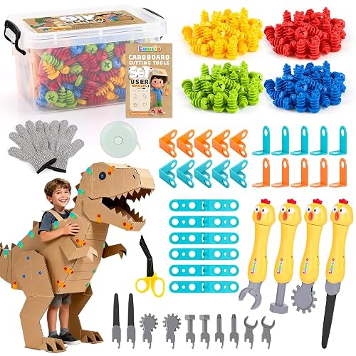 196PCS Cardboard Cutter for Kids, Cardboard Tools Toys for 5+ Boys Girls | Cardboard Construction Tool Kit with Box Screws Gloves Connectors Screwdrivers and Saws Birthday Gift Educational Toys