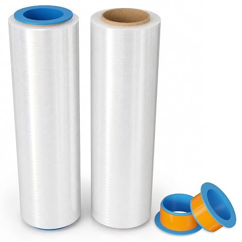 SWRT 2 Pack Stretch Wrap, 15 in x 1000 Ft Plastic Wrap for Moving Furniture | 60 Gauge, 300% Stretch, Industrial Strength Clear Plastic Wrap with Handles for Plastic Pallet Cling, Moving