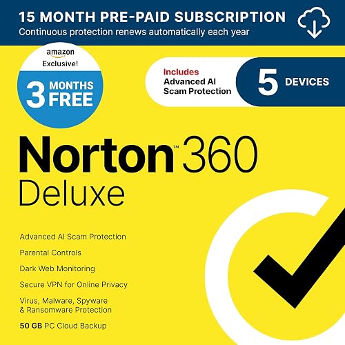 Norton 360 Deluxe 2027 Antivirus, 5 Devices, 3 Months Free [Download] | Includes Scam Protection, Advanced VPN, Dark Web Monitoring, & PC Cloud Backup