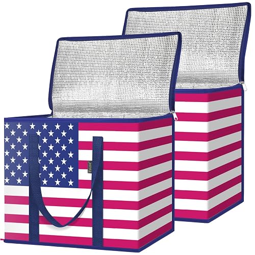 BALEINE 2PK Insulated Reusable Grocery Bags, Collapsible Cooler Bag for Groceries, Heavy Duty Large Insulated Bag (16''x9''x13'', Patroit Celebration)