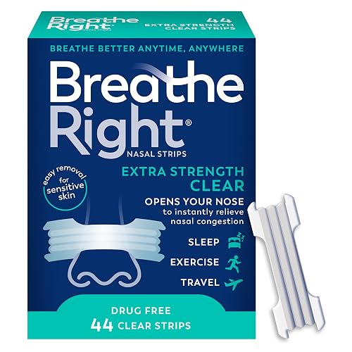 Breathe Right Nasal Strips, Extra Strength, Nasal Congestion, Clear, 44ct | Opens nose and increases nasal airflow, helps relieve nasal congestion for better breathing, drug-free, use anytime, anywhere