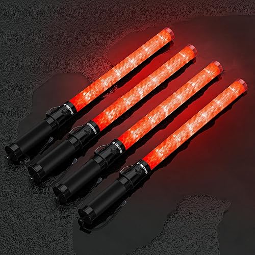 E-riding 4 Pack 21 Inch Red Traffic Wand with 3 Flashing Modes | Traffic Control Wand with Side Clip for Traffic Control, Parking, Aircraft, Car Directing