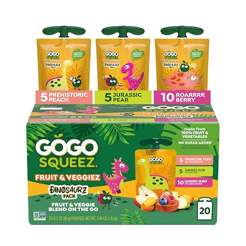GoGo squeeZ No Sugar Added Jurassic Fruit & veggieZ Applesauce, 20 Count | Kids On The Go Fruit & Veggie Snack with Pear, Berry & Peach; 3.2 Oz Pouches, Gluten and Nut Free, Recloseable Cap, BPA-Free