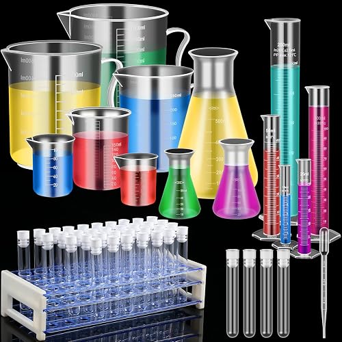 Baderke 40 Pcs Plastic Test Tubes with Rack Plastic Beakers Lab Party DIY | 5 Graduated Cylinders, 6 Beakers, 3 Flasks, 10 Pipettes, Science Education Experiments, Bulk Lab Supplies, Graduated Markings