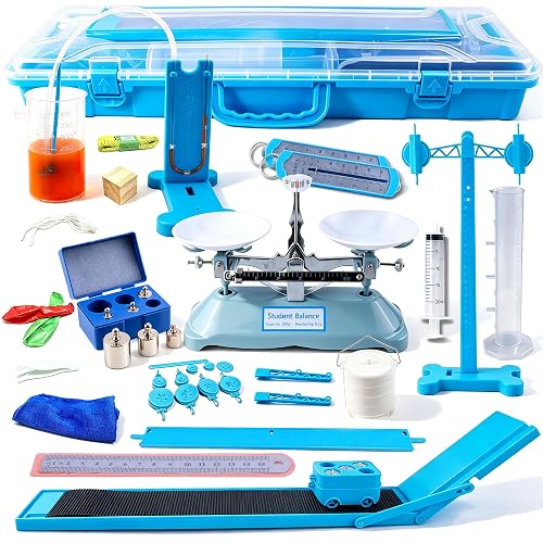JIOEWVELL STEM Physics Mechanics Lab Kit with Balance Scale, Weights, Pulley, Sliding Ramp, Spring Scale & Measuring Supplies, Classroom Teaching Aids, Experimental Tools for Junior School Students