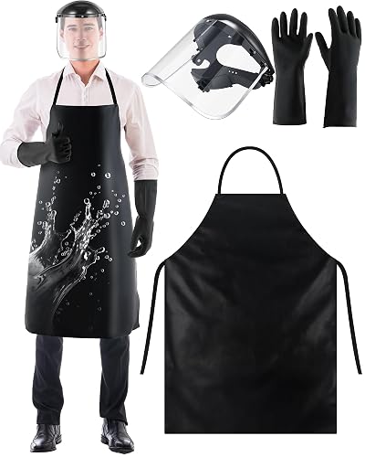 ElectricWise 3 Pack safety face shield with Apron Gloves, Black | 42.5" Chemical Waterproof Rubber Apron for Men Work, Industrial Cleaning, Reusable Safety Gloves for Adults Grinding
