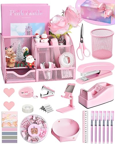 LXEVIHK Pink Desk Accessories, 23-Piece Office Supplies Gift Set for Women | Gift-boxed desk organizers and accessories with metal mesh storage, PU leather accents, a phone stand and stationery.