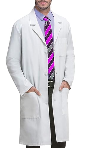 VOGRYE Mens Lab Coat with 3 Pockets for Chemistry College Classes | white button front long sleeve notched lapel machine wash cold soft light paint smock in chemistry and shop work