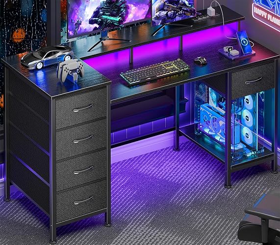 Korfile 47 Inch Gaming Computer Desk with Power Outlets,LED,5 Drawers,Black | Gaming desk with power outlets &LED lights,reversible design with 5 storage drawers,fits 47-inch, monitor stand,black