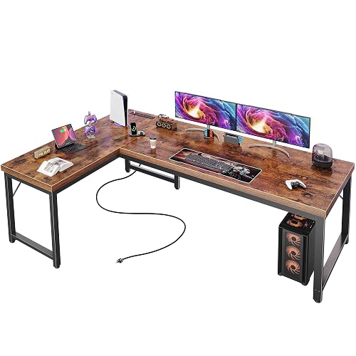 Huuger 63 Inch L Shaped Desk with Power Outlets & 0.95 Inch Thicker Desktop | Reversible Computer Desk, Larger Office Corner Gaming Desk, Metal Frame, for Home Office, Study, Rustic Brown