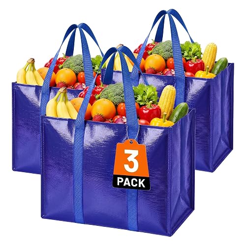 Reusable Grocery Bags, Waterproof & Foldable Shopping Bags Stand Upright | Heavy Duty Shopping Tote Bags, Waterproof & Foldable with Long Handles for Bulk Shopping, Versatile Storage 3 Pack-33L