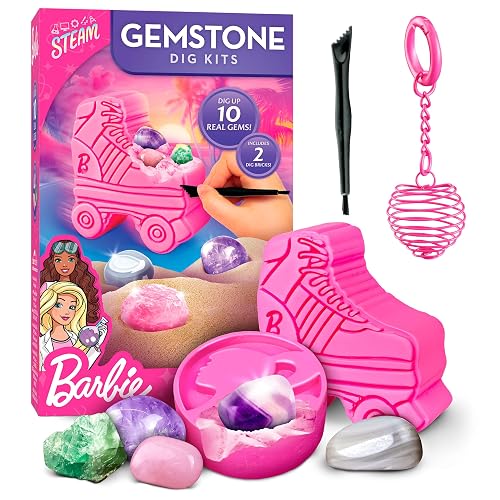 Barbie Gemstone Dig Kit with 10 Real Gems and Crystals for Kids Ages 4+ | 10 Real Gems and Crystals, 2 Pink Dig Bricks, Make a Keychain, Magnifying Glass, Rock Collection, The STEAM Lab